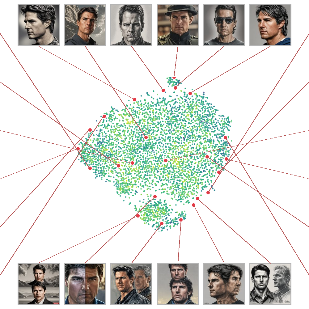 Dominated Novelty Search: diverse AI-generated portraits with t-SNE embedding